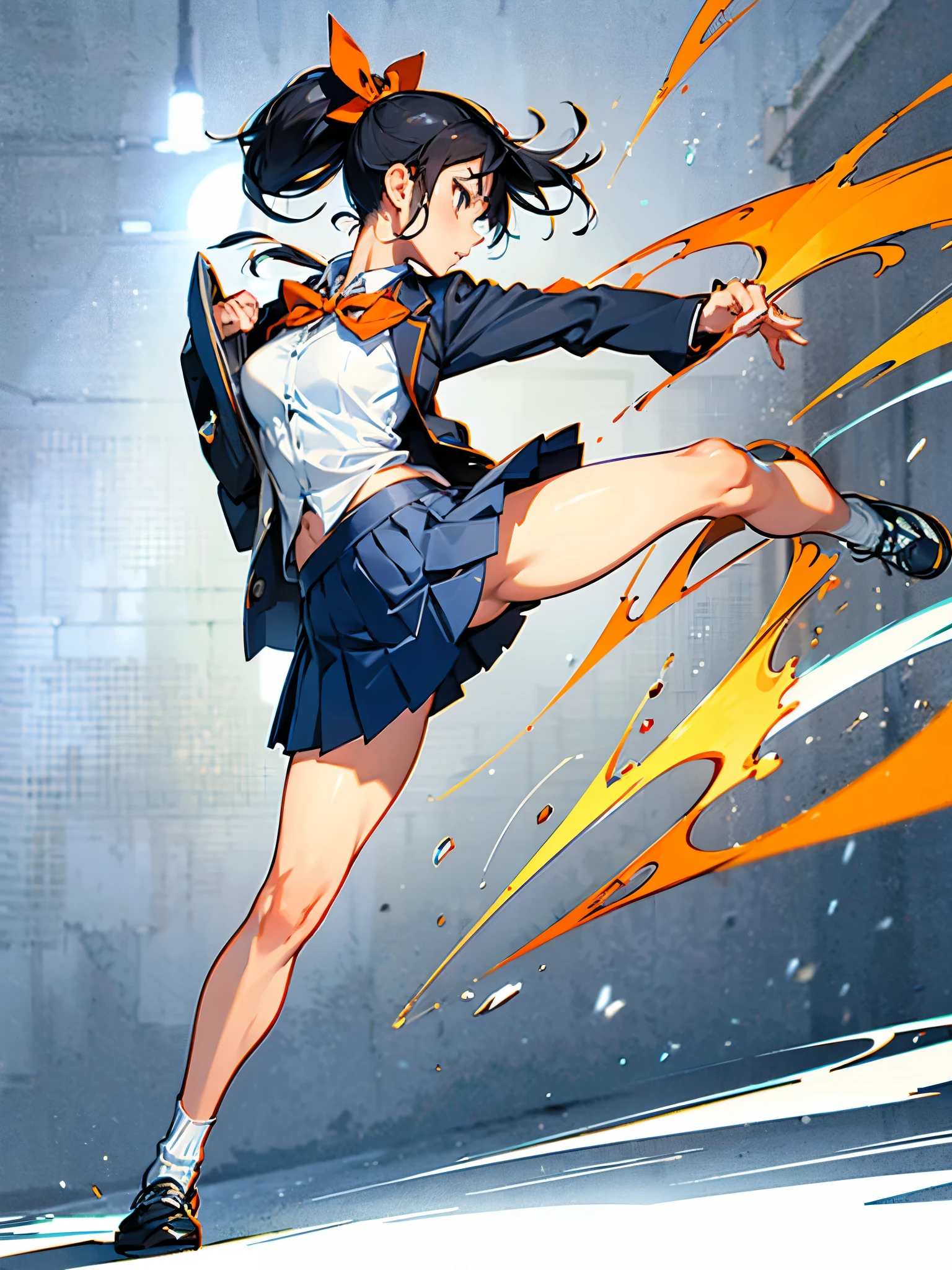 one person, Karate Stance,High Kick,Black Hair, ponytail, Slim body,Small breasts,Bad mood, Slanted Eyes, Character profile, high school student,Navy blue blazer,White blouse,Orange bow ribbon tie,Grey below-the-knee skirt,Vanishing Point, Ultra Wide Angle, Japanese illustration style, 