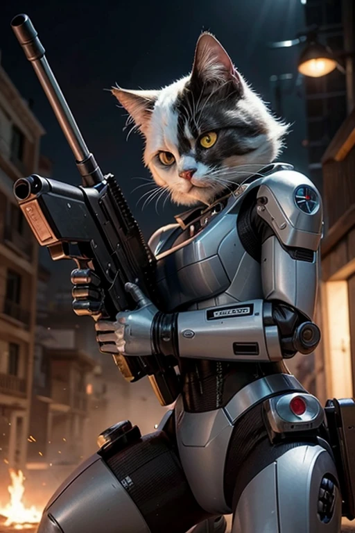 a half-robot cat holding a machine gun, with a scar on his left eye