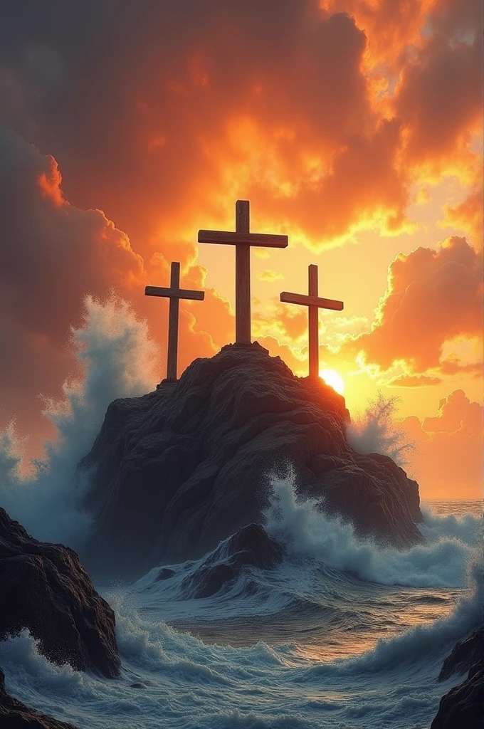 I want a picture of three crosses on a rock with waves crashing on a thick sunset 