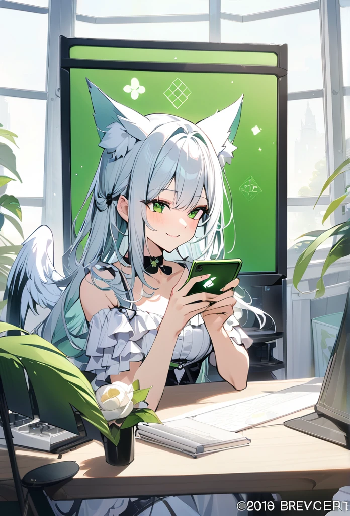 ,playing mobile game々）vtuber,  sexy smile beauty, clover shaped choker, (masterpiece, highest quality), official art, beautiful and aesthetic: 1.2), (1 girl), very detailed, (green screen art: 1.3), green colorful、white long hair、fox ear、 whole body, angel wings, white lolita, playing mobile game, half body