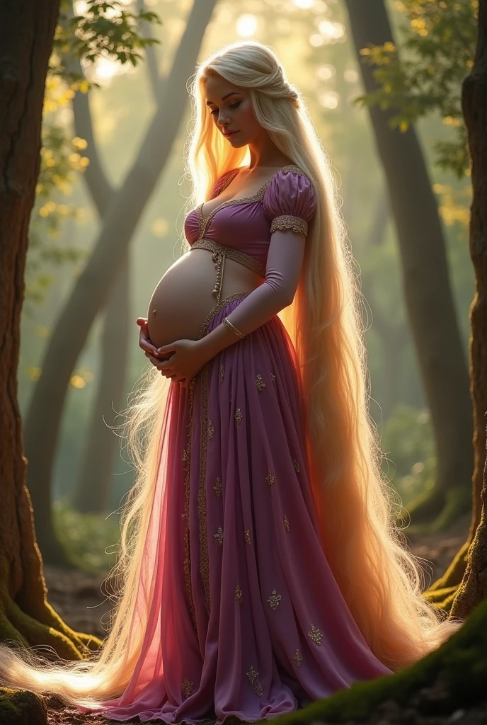 A stunning full body portrait of Rapunzel She is pregnant, holding her belly, extremely long blonde hair, location is enchanted forest, tower, show her body from head to toe, long shot, young and beautiful, hyper realistic, real portrait, backlit, exquisite features, cleavage, sexy, seductive, natural light, soft light, nine months pregnant, large belly, embodiment of love, bare belly,