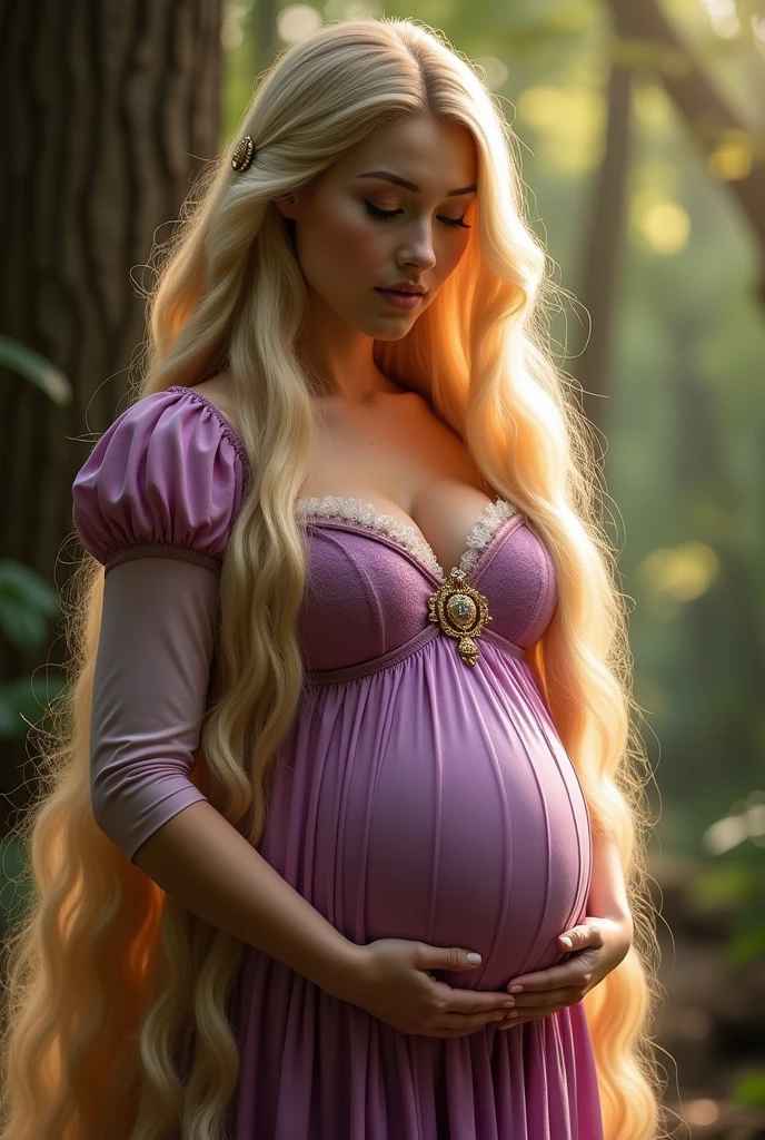 A stunning full body portrait of Rapunzel She is pregnant, holding her belly, extremely long blonde hair, location is enchanted forest, tower, show her body from head to toe, long shot, young and beautiful, hyper realistic, real portrait, backlit, exquisite features, cleavage, sexy, seductive, natural light, soft light,  pregnant, large belly, embodiment of love, bare belly,