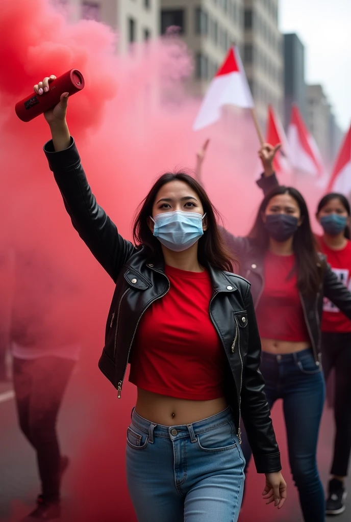 Indonesian hooligans beautiful women wearing face masks carrying smoke bombs and red and white flags are demonstrating