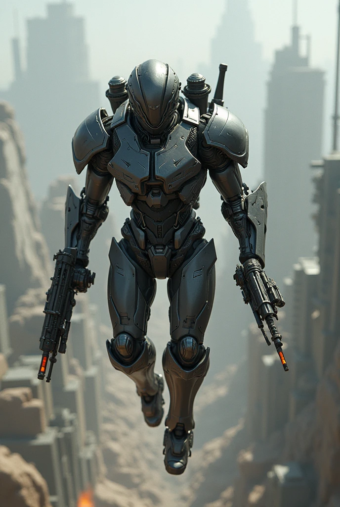 Man in Steel Armor with Flamethrower, machine gun and propellers to fly, flying, body-fitting armor
