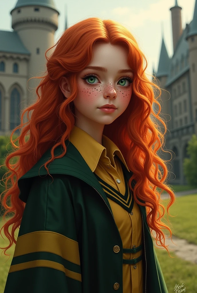 elle s'appelle nora smith, she is redheaded with long curly hair, she has lots of freckles, she has dark green eyes/marrons et elle porte un uniforme de poufsouffle à poudlard