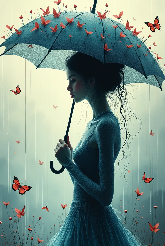 "A surreal, intricate profile silhouette of a woman holding an umbrella in a gentle rain. The woman’s body is composed of detailed, flowing lines resembling plant stems and flowers, with her form blending into nature. The umbrella is adorned with delicate red petals and small butterflies, contrasting against the serene blue tones of the woman's body. Butterflies flutter around her, adding a sense of motion and life. The background is textured, with a soft, misty atmosphere, giving the image an ethereal and dreamlike quality."