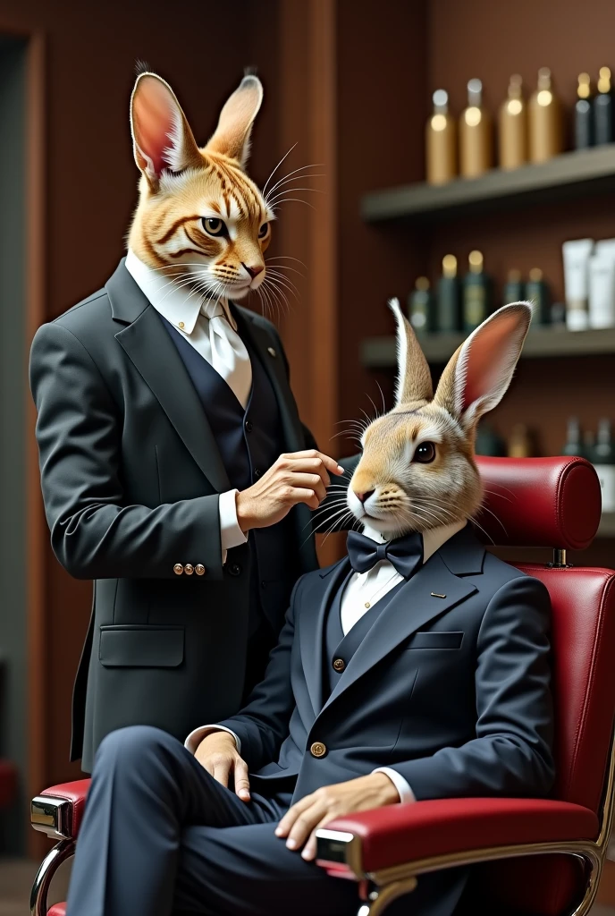 Savannah cat hairdresser in elegant suit styling hair on luxury chair in barbershop rabbit in tracksuit realistic, real, high resolution detail, full photo like real