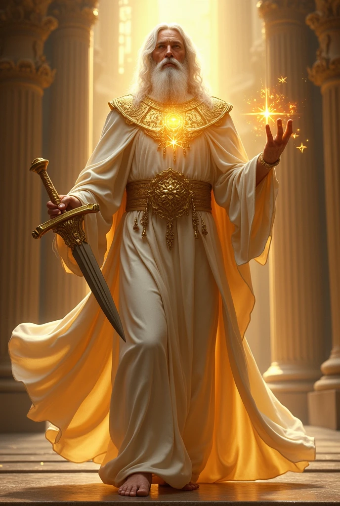 man, clothed with a garment down to the foot, and girt about the paps with a golden girdle,His head and his hairs were white, and his eyes were as a flame of fire,And his feet like unto fine brass,
And he had in his right hand seven stars, a sharp twoedged sword went out of his mouth,and his countenance was as the sun shineth in his strength.