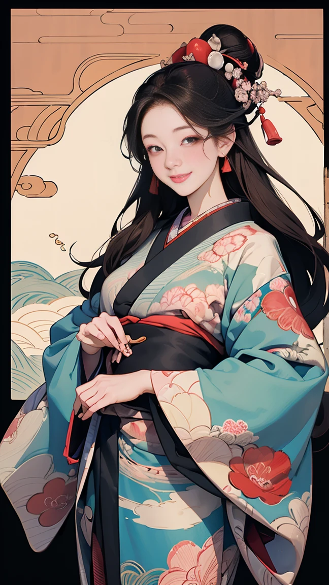 A beautiful woman smiles and shows her upper white teeth、Vividly colored Japanese Ukiyo-e style illustrations、(SeaArt creates stunning illustrations of beautiful women in kimono)、Brown-black long hair、Beautiful full body style、Let's dance a little Tokyo Ondo Yoiyoi、Beautiful digital painting,、Bright vibrant digital anime art、 Detailed digital anime art、 Beautiful anime portraits、background、Torii gate of a shrine in Kyoto, Japan、Detailed CG、