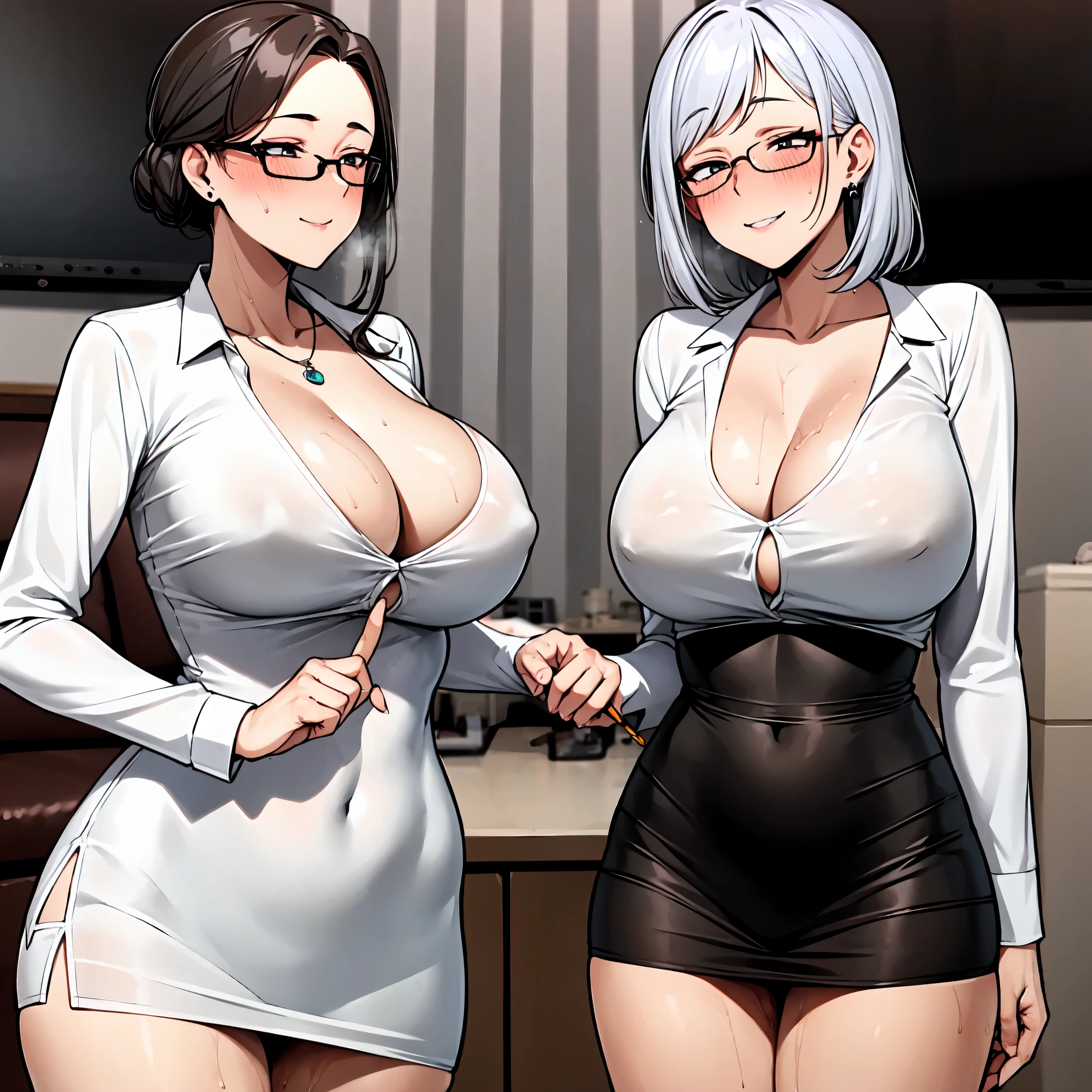 （（super high quality,Ultra-high resolution,16K,super masterpiece,Ultra HD ,Detailed shading））,Dark living room,（（３Mature women:1.8,sexy mothers,Same costume for everyone））,Bust 90cm,Cleavage,（Sexy dress shirt,popped Tight collar White shirts,Long sleeve,Black Pencil Skirt）,Glasses,Everyone look here,blush,Ecstatic smile,Sweaty,Pearl Earrings,Pearl Necklace,Engagement Rings,