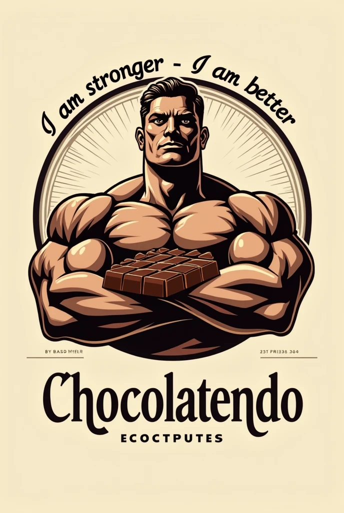 Create a logo for my chocolate company with a powerful and charismatic figure holding Chocolate in a classic style and with a text that says "I am stronger I am better " and after the text put the name of my company "Chocolatendo" 
