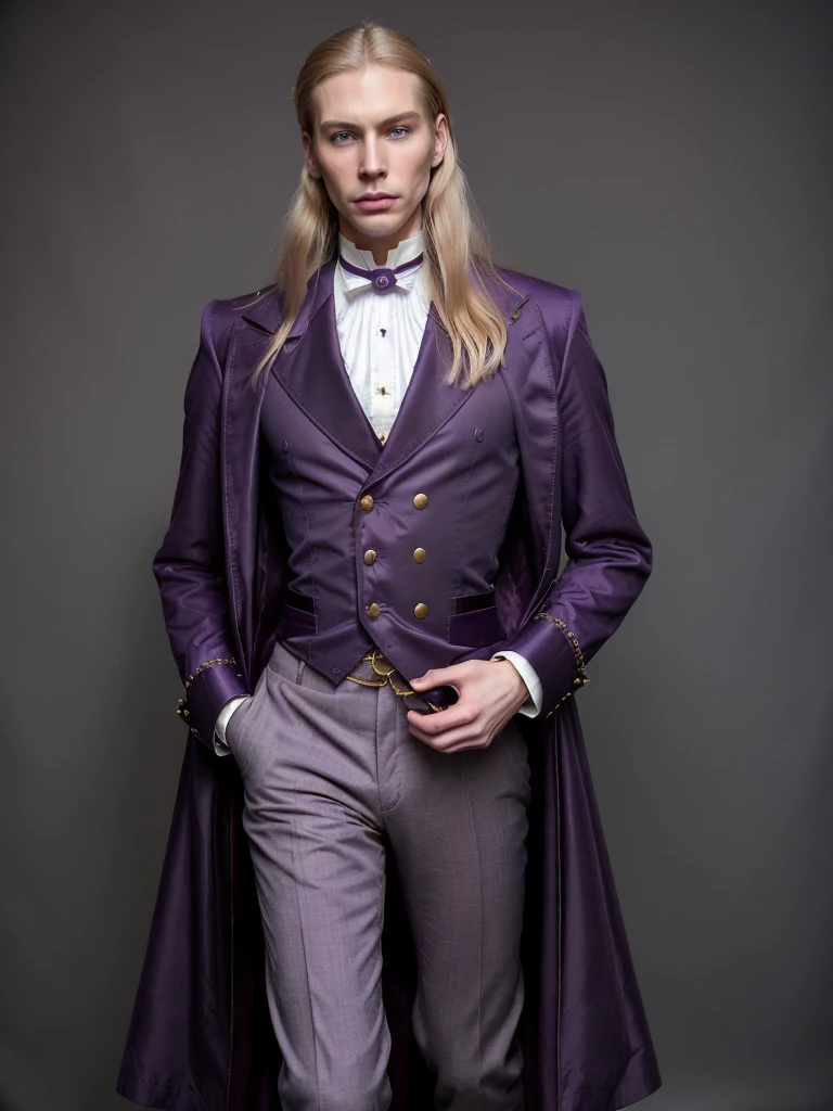 Pale and tall man, Appears to be 30-3. It's been a long time (to the waist) With light blond hair with a golden tint, Thin gray-blue eyes with dark purple eyeshadow and noticeably high cheekbones. His clothes are in Victorian style, old, Long dark burgundy jacket with lavender lining and gold pins on the folded cuffs. Under his jacket he has a purple vest over a white ruffled shirt, Wearing classic purple trousers, In dark blue knee-high boots and gloves of the same color.
