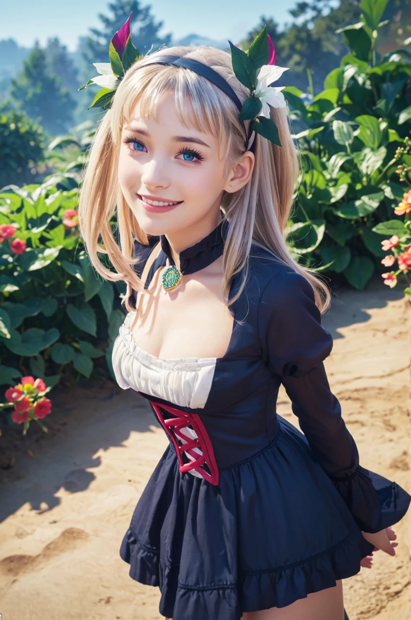 a girl in a garden, beautiful detailed eyes, beautiful detailed lips, extremely detailed eyes and face, long eyelashes, elegant dress, open mouth, smile, wide smile, twintails, two side up, hairband, hair ribbon, sunlight, lush greenery, intricate floral patterns, (best quality,4k,8k,highres,masterpiece:1.2),ultra-detailed,(realistic,photorealistic,photo-realistic:1.37),portrait,vibrant colors,warm lighting