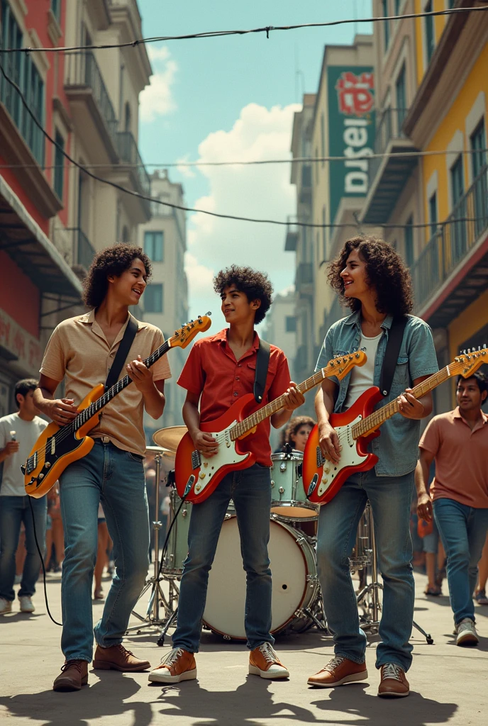 In a high school three friends with guitars , bass and drums playing at being a rock band , and a poster called PROZAC on the street of Mexico City in the 80s , drinking beer with alcohol