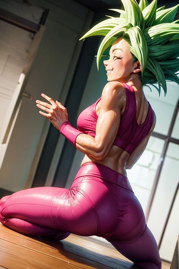 Kefla smiling, crouched, back view from the floor up, sweating and all wet and wet in very tight pink yoga clothes