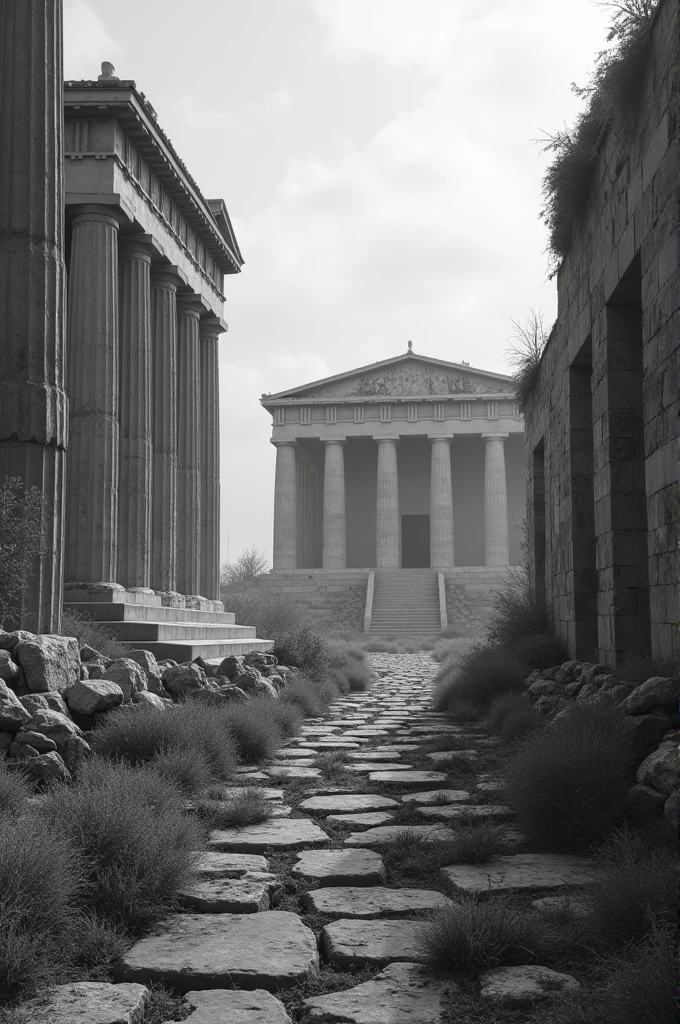 Athens in ruins in black and white