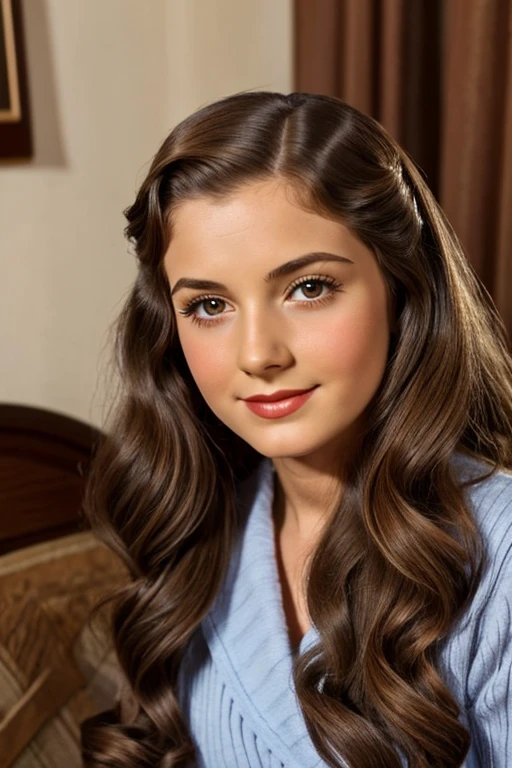 Medium view, of young aged, , face portrait, jewish features, long hair, brown hair, 1940s hair style, 1940s clothing, in cozy jewish home 1936, sweaty