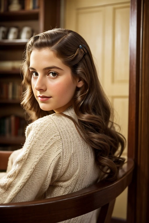 Medium view, of young aged, , face portrait, jewish features, long hair, brown hair, 1940s hair style, 1940s clothing, in cozy jewish home 1936, sweaty