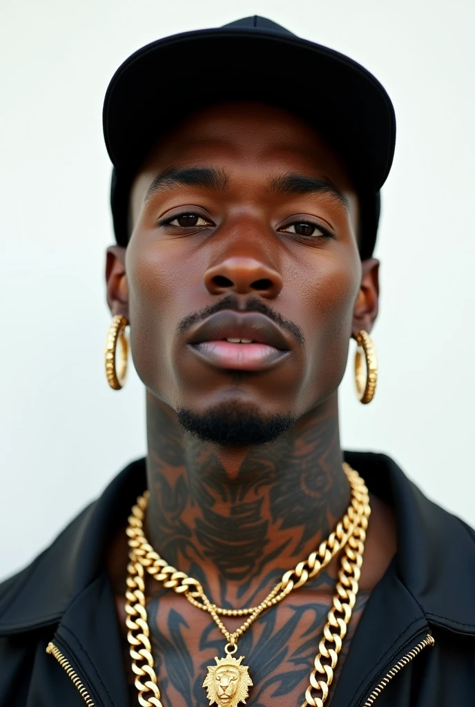 Create a hyper-realistic image, in 4K resolution, that resembles a high-quality photograph of a young black man with a contemporary streetwear style, captured in an American plane (medium-long plan) in white background. He has dark skin tone, defined facial features and a serious, confident expression. His face and neck are adorned with detailed tattoos.. He wears a black cap, gold earrings and a thick gold chain with a lion with a crown. . The image is framed from the knees up, showing off her full outfit while emphasizing the upper body details. The background is white The overall style should look like a realistic photograph, capturing every detail with precision and a natural look, as if it were taken by a professional photographer, focusing on unique style, personality and strong presence of the character.