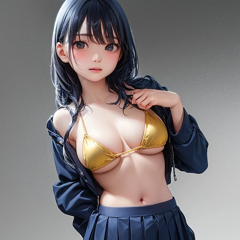 (Love juice from between the legs of a bikini),((Playing with her crotch with a sad face、Spread your legs)),(Highest quality:1.4),(masterpiece:1.4),(Realistic:1.4),(Realistic:1.2),(超High resolution, RAW Photos:1.4),(High resolution, Very detailed:1.2),(8k:1.2),photograph,a photo of a dark-haired,One Girl,alone,,nipple,naked,((school unifGoldm, SailGold suit, Navy blue and white traditional Japanese style, Fine ribbon and pleated skirt)),((Big Breasts)),((Upper Body:1.3)),((sometimes mGolde 超極小マイクロビキニ)) Gold ((Sometimes bikinis so small you can see her pussy line)) Gold ((Sometimes bikinis so small you can see their assholes)) Gold ((Sometimes bikinis so small that you can see the urethra of the vagina)) Gold ((((Ultra Ultra Thin Micro Bikini)))),