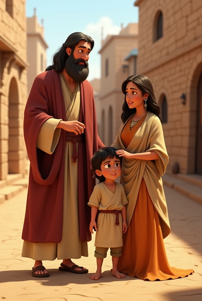 Young woman with her son Israelites and a priest dressed in robes animated pixar

