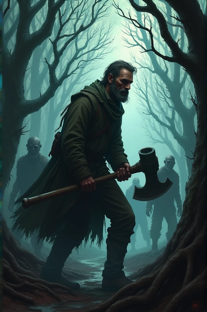 A survivor of the black plague, Walking in the forest, with an axe in his hand, with zombies chasing him, and that above says, Over the Black, the movie