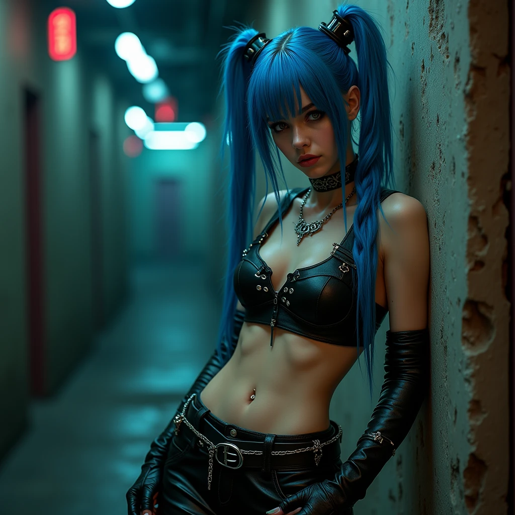Best Quality, Cute jinxed girl with blue hair, (blue hair hyper long braided tail), (hair over one eye), (sleeveless cropped leather shirt), low light, Very dark eyeliner, jinxlol, Lovely, cyber punk, way there,  , young man looking, hyper detailed face, detailed skin, dark heavy eyeliner, (huge breast),sleeveless cropped leather shirt with metal eyelets and ropes, ((tight leather pants, dirty and worn)), LowriseXL, ((belt bra)), ((lean against the wall)), (((three bullet belts))), (((three studded belts))), exposed abdomen, ((navel piercing)), ((navel piercing)), (thigh belt), Leather gloves with free fingers and nails painted blue and fuchsia, ((many hip chains)), ((rock hard abs)), put weight on one leg, Perfect blue eyes, muddy skin, wet skin, oily skin, ((sit with legs open and knees bent)), jinx, powder arcane
