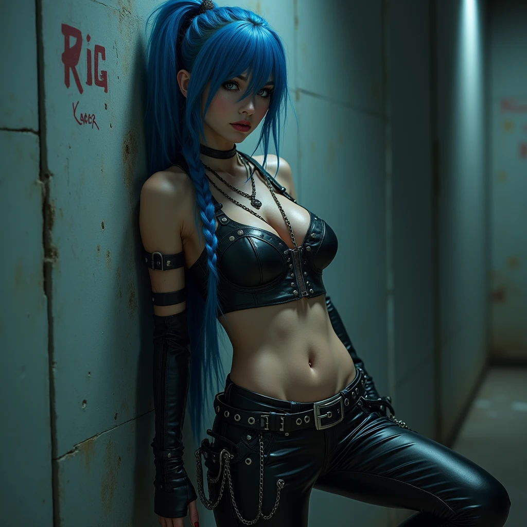 Best Quality, Cute jinxed girl with blue hair, (blue hair hyper long braided tail), (hair over one eye), (sleeveless cropped leather shirt), low light, Very dark eyeliner, jinxlol, Lovely, cyber punk, way there, , young man looking, hyper detailed face, detailed skin, dark heavy eyeliner, (huge ),sleeveless cropped leather shirt with metal eyelets and ropes, ((tight leather pants, dirty and worn)), LowriseXL, ((belt bra)), ((lean against the wall)), (((three bullet belts))), (((three studded belts))), exposed abdomen, ((navel piercing)), ((navel piercing)), (thigh belt), Leather gloves with free fingers and nails painted blue and fuchsia, ((many hip chains)), ((rock hard abs)), put weight on one leg, Perfect blue eyes, muddy skin, wet skin, oily skin, ((sit with legs open and knees bent)), jinx, powder arcane