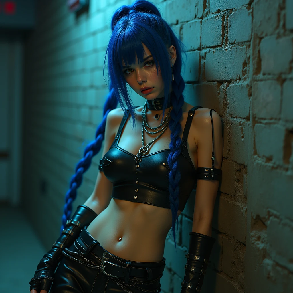 Best Quality, Cute jinxed girl with blue hair, (blue hair hyper long braided tail), (hair over one eye), (sleeveless cropped leather shirt), low light, Very dark eyeliner, jinxlol, Lovely, cyber punk, way there,  , young man looking, hyper detailed face, detailed skin, dark heavy eyeliner, (huge breast),sleeveless cropped leather shirt with metal eyelets and ropes, ((tight leather pants, dirty and worn)), LowriseXL, ((belt bra)), ((lean against the wall)), (((three bullet belts))), (((three studded belts))), exposed abdomen, ((navel piercing)), ((navel piercing)), (thigh belt), Leather gloves with free fingers and nails painted blue and fuchsia, ((many hip chains)), ((rock hard abs)), put weight on one leg, Perfect blue eyes, muddy skin, wet skin, oily skin, ((sit with legs open and knees bent)), jinx, powder arcane