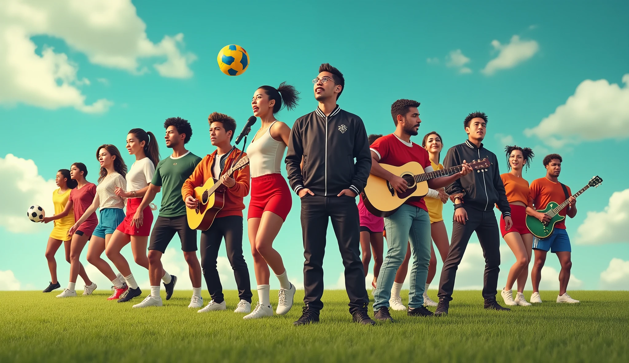 Create a realistic collage-type image with people with Latin features, in which footballers are shown, Volleyball player, GUITAR PLAYER, Woman and man singing dressed in black jackets and microphones, surrounded by dancers dressed in modern clothing. In the background a turquoise sky and grass with blurred clouds.