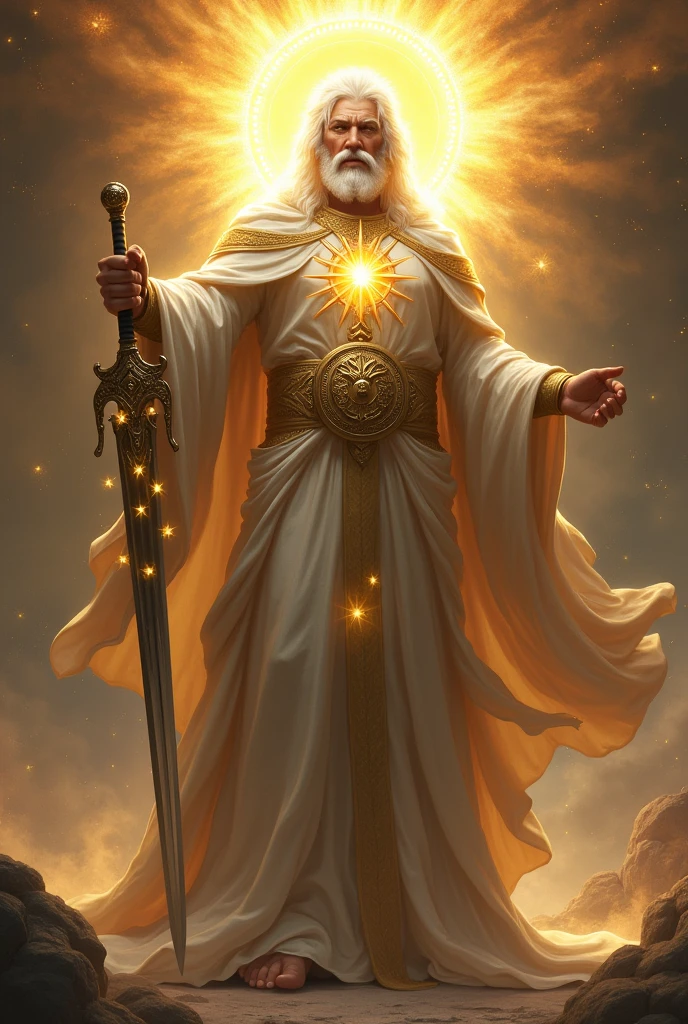 man, clothed with a garment down to the foot, and girt about the paps with a golden girdle,His head and his hairs were white, and his eyes were as a flame of fire,And his feet like unto fine brass, 
And he had in his right hand seven stars, a sharp twoedged sword went out of his mouth,and his countenance was as the sun shineth in his strength