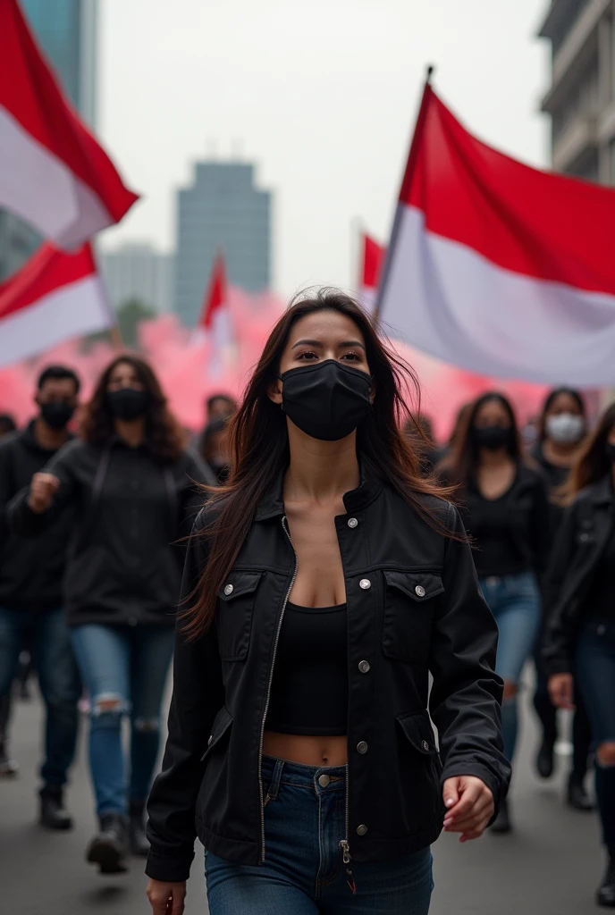 Indonesian hooligans beautiful women wearing face masks and wearing black jackets carrying smoke bombs and red and white flags are demonstrating