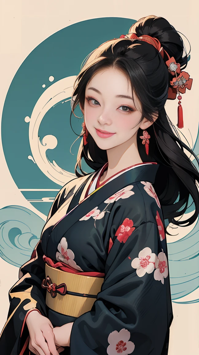 A beautiful woman smiles and shows her upper white teeth、Vividly colored Japanese Ukiyo-e style illustrations、(SeaArt creates stunning illustrations of beautiful women in kimono)、Brown-black long hair、Beautiful full body style、Let&#39;s dance a little Tokyo Ondo Yoiyoi、Beautiful digital painting,、Bright vibrant digital anime art、 Detailed digital anime art、 Beautiful anime portraits、background、Torii gate of a shrine in Kyoto, Japan、Detailed CG、