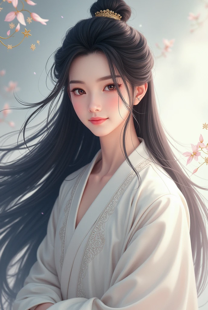 prince Xie Lian from Heaven's Official Blessing with his long black hair and white silk ropes smiling