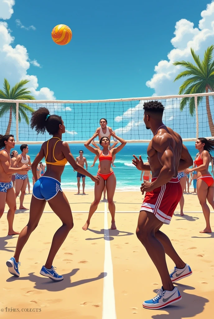 the beach, the volleyball, the event logo and dates, black-skinned people and white-skinned people