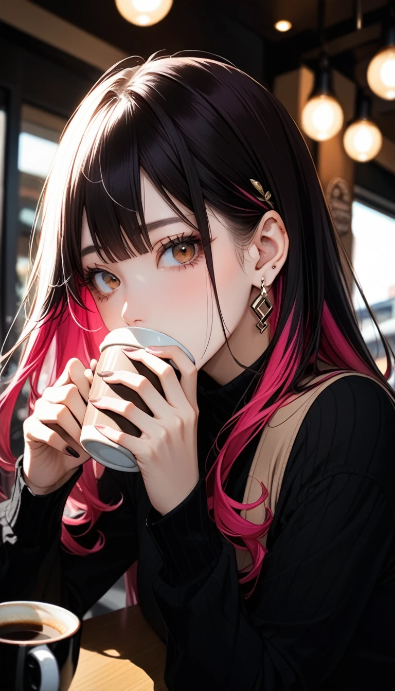 USE 3 COLOR, High resolution, masterpiece, Highest quality, Ultra high definition, 2Colored Hair, One person, solo, Earrings, Close your mouth, Close-up, Drinking coffee at a cafe,ピンクの髪