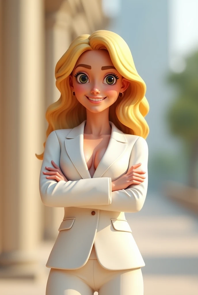 Cartoon character of blonde woman with crossed arms , smiling and wearing a white suit ultra realistic, stylized character, animation style rendering, 3d stylized, Arnold Maya rendering, Stylized 3D rendering, toon render screenshot, 3d character, 3d character, Stylized 3D rendering, 3D character rendering, cartoon character, Personagem de close up, character posing,  (Pixar-style) (master part:1.2) (bokeh) (best qualityer) (skin detailed) (detailed texture) (8k) (Argilla) (cinematic lighting) (sharp focus