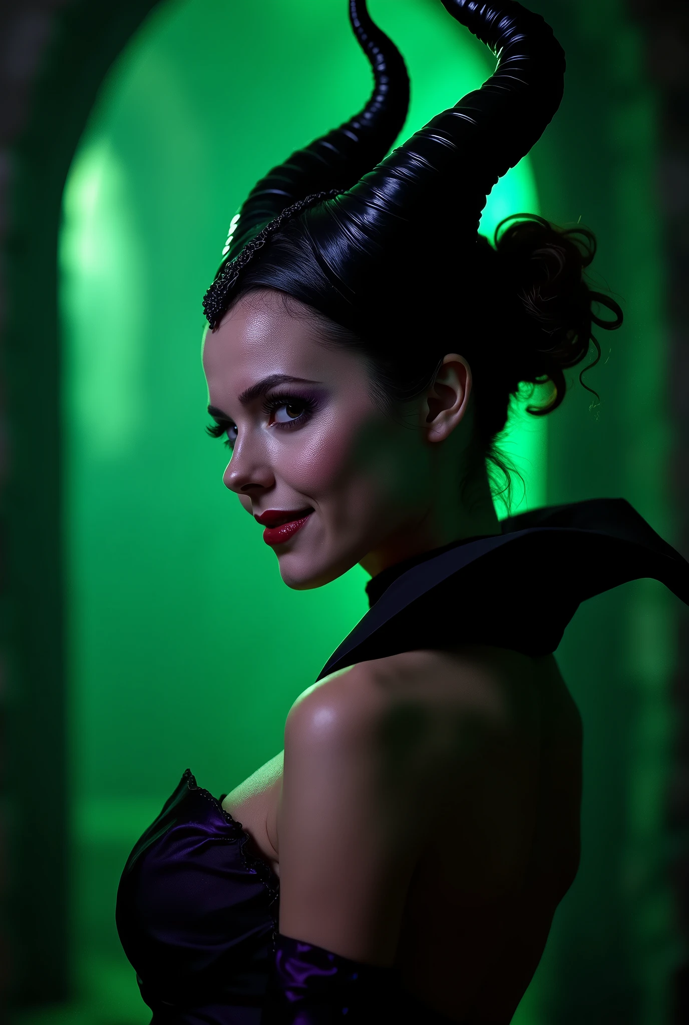 A stunning profile portrait of Maleficent, young and beautiful, hyper realistic, real portrait, backlit, exquisite features, cleavage, sexy, seductive, unnatural light, soft light, location is the interior of a dungeon, green light, eerie, purple highlights, she is smirking, she is busty, her chin is raised, looking down at viewer, low angle shot, h her body is nude, naked and powerful, visible breasts, visible nipples