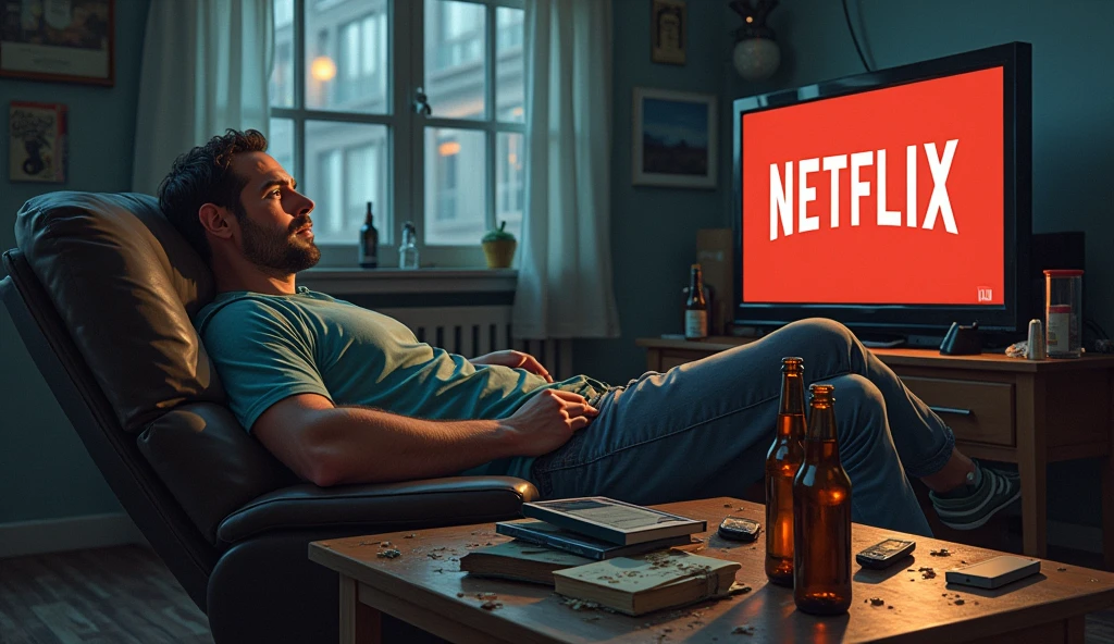 Realistic illustration of a man in closeup, lazy, procrastinating, a television with netflix, a coffee table with beers and mess.