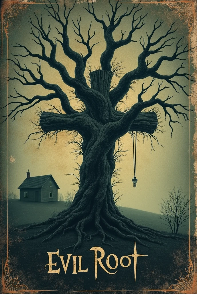 Create a cover for my book which is about horror ,His name is evil root. There has to be a tree, the name evil root and an inverted cross, but make a vintage image and make it a little minimalist, but make it more terrifying. Make it more realistic and less like the name evil root and have a little house nearby, but with the appearance of an old cover and with the name evil root in the middle and with a very haunted appearance, a little more realistic with the cross embedded in the trunk of the tree.






