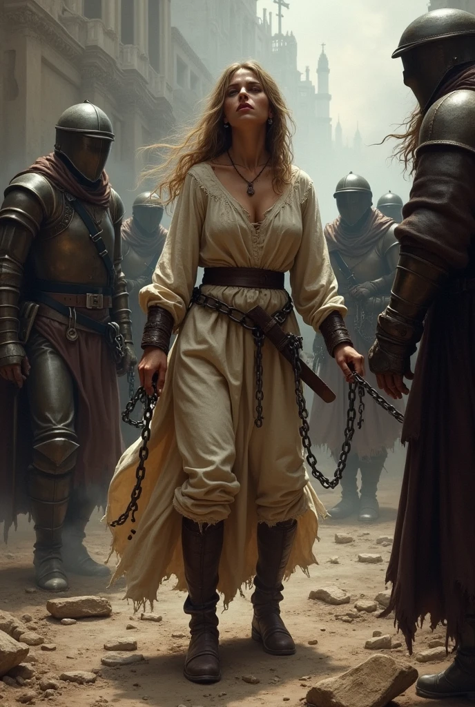 A visual depiction of the daughter of a city ruler being captured by mercenary soldiers. The scene is intense and dark, showing the young woman with her clothes ripped and dirty, symbolizing the brutal nature of her capture. Her hands are bound with heavy chains, and she appears distressed and vulnerable. The background suggests a war-torn environment, with rubble, smoke, and the shadowy figures of mercenaries standing guard. The atmosphere is grim, fitting the dark fantasy Renaissance Era theme, and the depiction is in a realistic oil painting style, emphasizing the emotional weight and harsh reality of the situation.