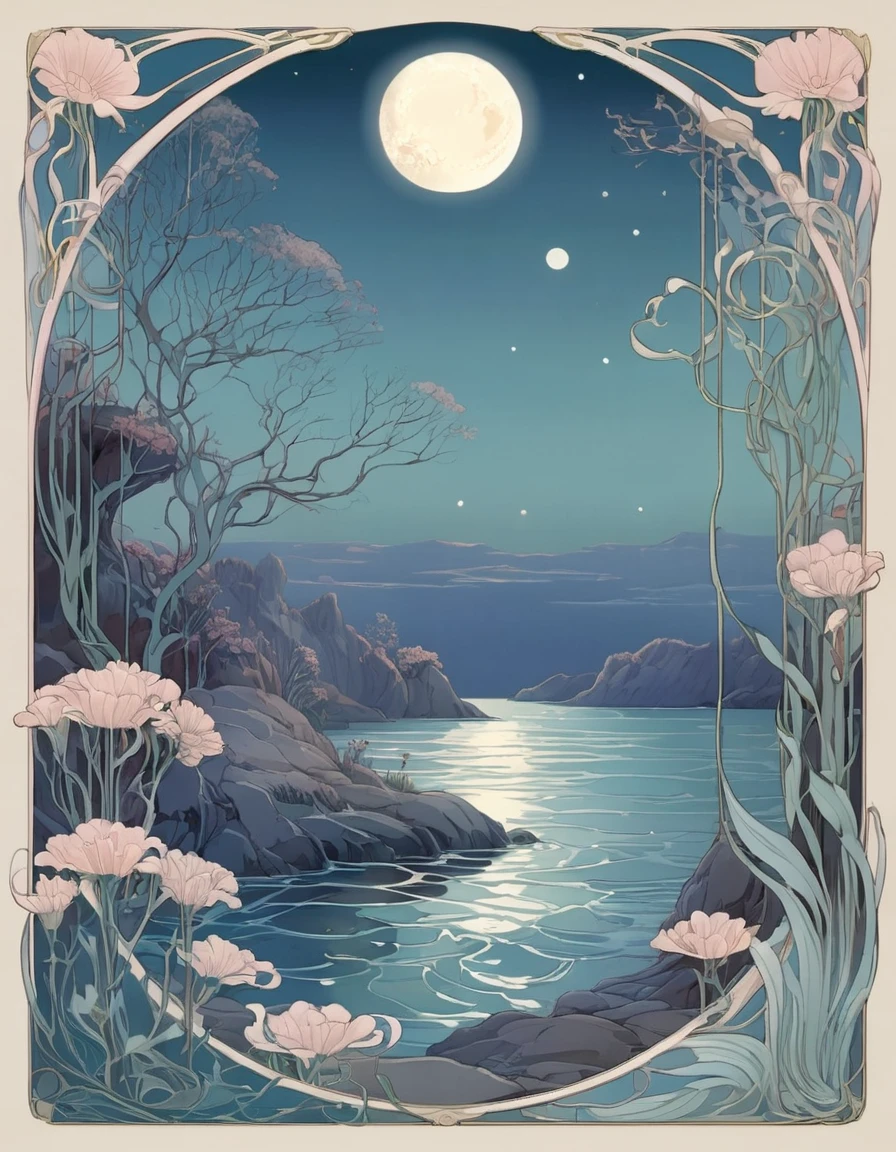 An illustration in the style of Art Nouveau featuring a A serene moonlit landscape in a Ocean floor . The color palette should be Pastel shades and the mood should be Romantic . The illustration should be detailed and have a High level of complexity.