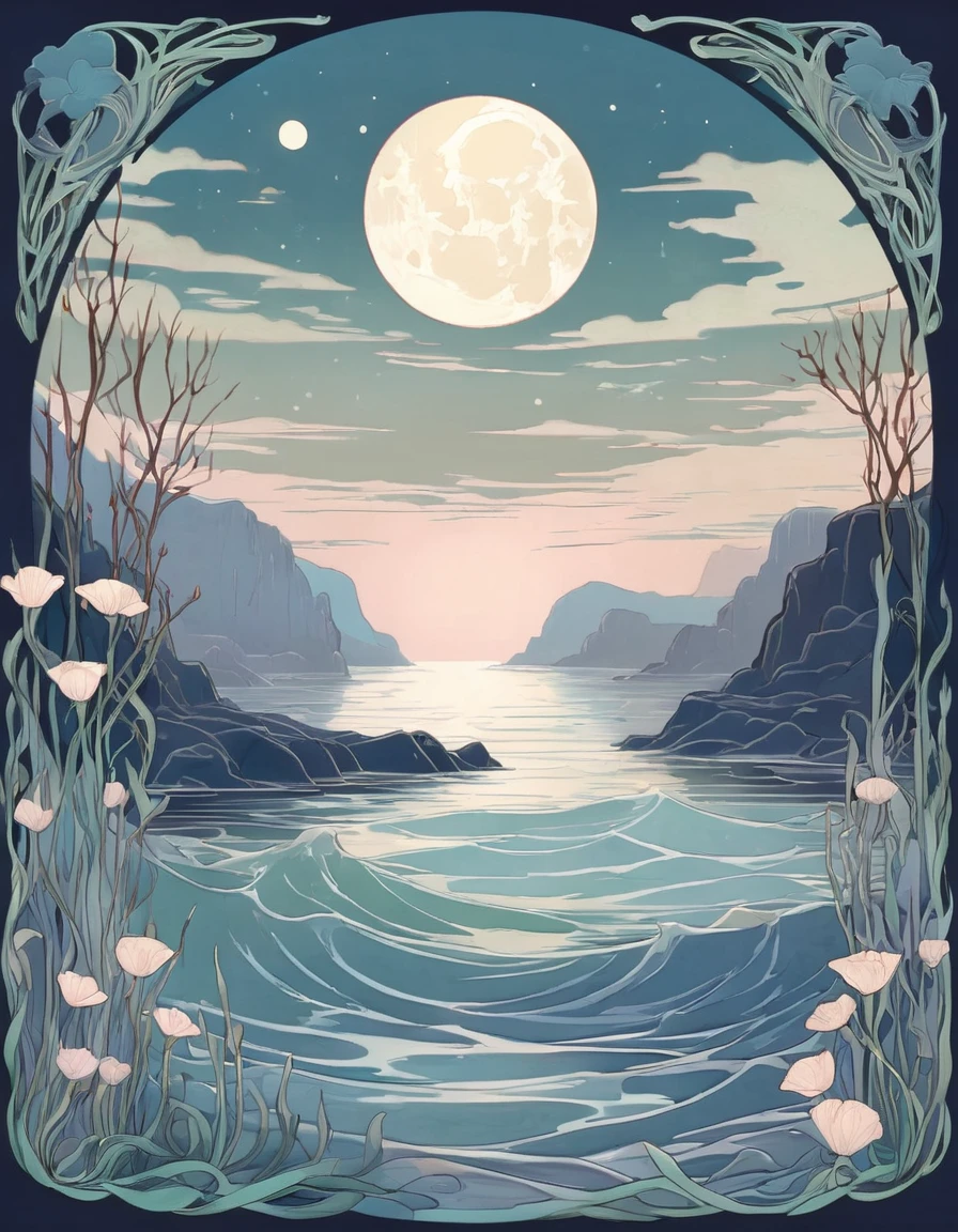 An illustration in the style of Art Nouveau featuring a A serene moonlit landscape in a Ocean floor . The color palette should be Pastel shades and the mood should be Romantic . The illustration should be detailed and have a High level of complexity.