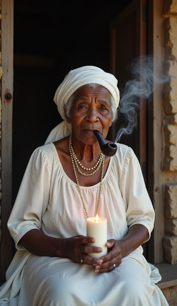 Woman,smoking old pipe,Smoke coming out, white cloth on the head.fat black, sitting,holding a white candle in your hand,70 years old,sitting na cadeira de balanço, in front of your thatched house,old white slave dress,fat woman,lit candle, blessing black child,
