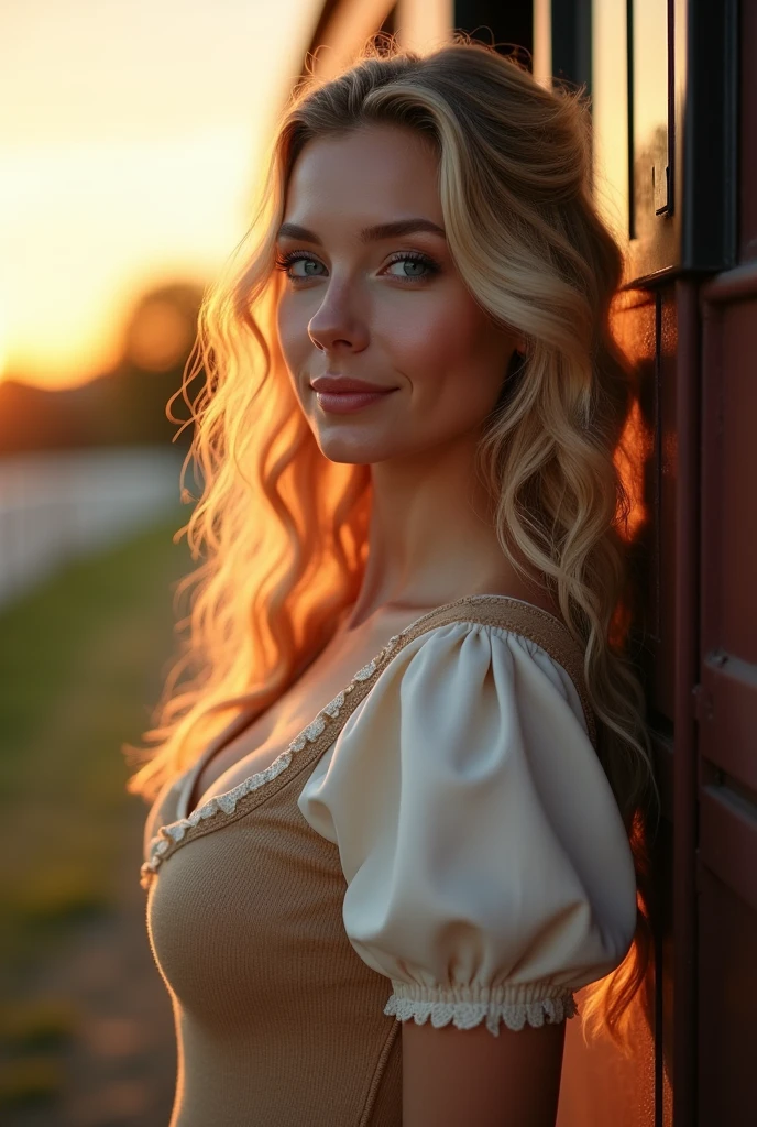 (8k,ultra haute résolution,la plus haute qualité,realistic,ultra haute résolution,Photos couleur RAW de haute qualité réalistes,detailed fingers),natural texture of the waist,hyperrealism,intricate details,Women aged 25 ,Yeux bleus brillants mis en valeur,shiny lips,(sourire mignon,long hair ,curly blonde hair),(tetas grandes, gigantic breastss),Earrings,coal. Woman of French-Italian origin. The scene takes place in a stud farm in the background. Elle est vêtue d'une tenue de cavalière. The scene takes place in a stud farm at the end of the day., sun set. She stands next to a horse box. She is wearing a beige dress I don't want a plastic effect on the skin