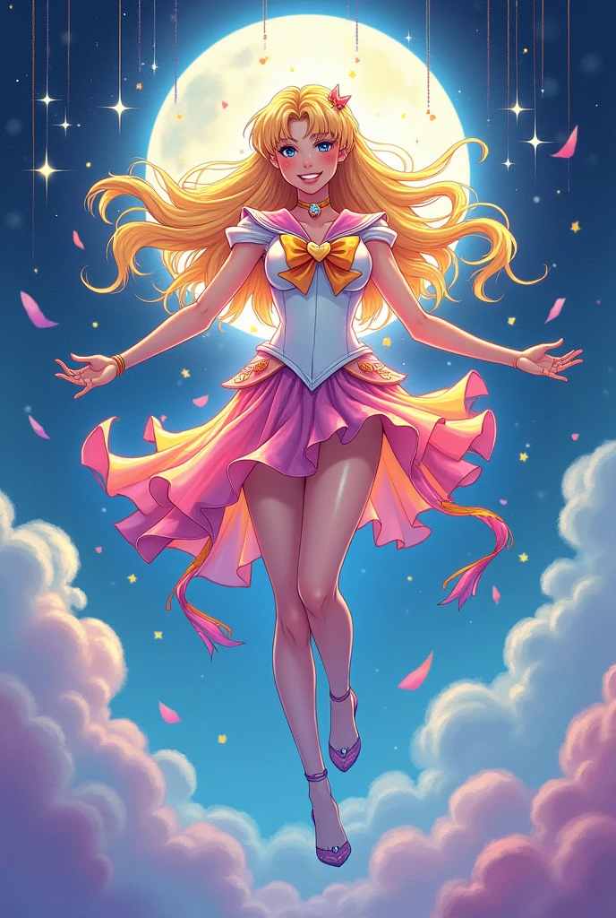 (oil painting:1.5), (NSFW:1.2), a woman joyfully twirling in the raining paint, paint raining, thick paint rainbow hair, body covered with paint, joyful, ((sfw)), calm facial expression, relaxed, gentle smile, (clothes made of liquid paint)), front view, (a girl with sailor moon style),illustration, vibrant colors, magical atmosphere,sparkling eyes,long blonde hair,anime art,smiling expression,cute pose,cosmic background,moonlit night,fantasy world,sparkling stars,stylish outfit,tiara,moon scepter,heart-shaped brooch,wavy hair,flowing ribbons,powerful magical aura,moonlight shining on her,shimmering details,glowing transformation sequence,peaceful and confident,sailor guardian of love and justice,inspired by the iconic anime series. Create an illustration using the soft and ethereal qualities of watercolor. Beautiful pink skin anime model full body, sun-bathing on floating cloud along the suns surface, enticing eyes, curly hair dreamy, background thick clouds,, hyperdetailed, detailed, (masterpiece) . high fashion, luxurious, extravagant, stylish, , opulent, elegance, stunning beauty, professional, high contrast, detailed, Depict a dreamy, whimsical scene with elements that seem to merge with the background