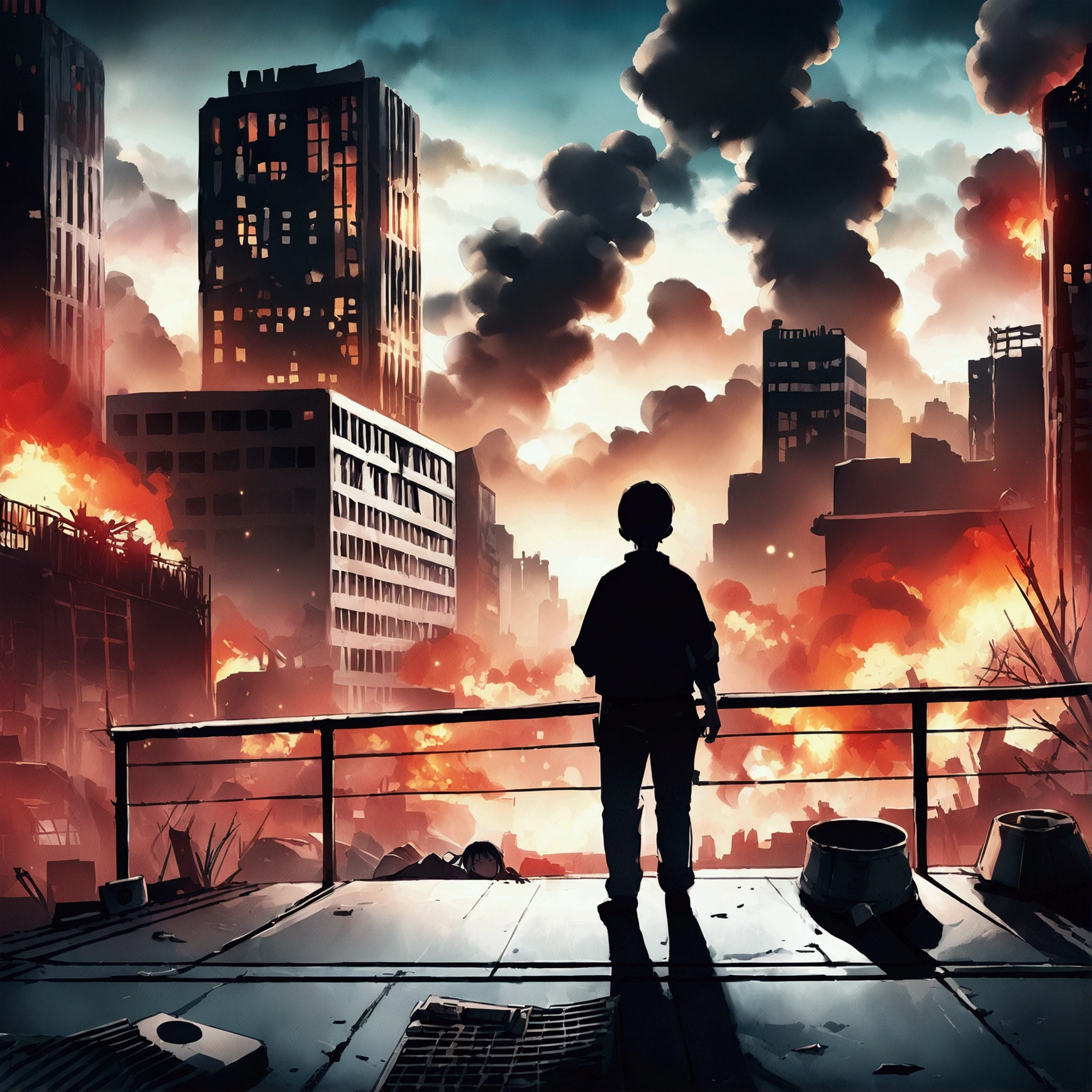 (masterpiece), (of the highest quality), (illustration), (Super detailed), (High resolution), Video game background, apocalipsis zombie, survivor, top down subival zombie 