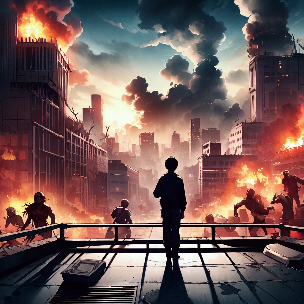 (masterpiece), (of the highest quality), (illustration), (Super detailed), (High resolution), Video game background, apocalipsis zombie, survivor, top down subival zombie 