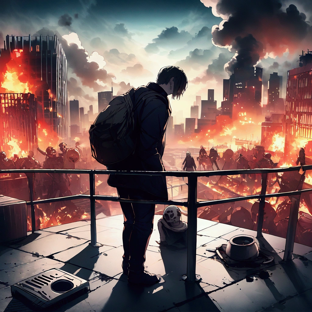 (masterpiece), (of the highest quality), (illustration), (Super detailed), (High resolution), Video game background, apocalipsis zombie, survivor, top down subival zombie