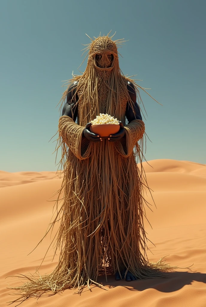 Black male Orisha with his body and head completely covered in straw in the middle of a desert holding a clay bowl with popcorn in one hand